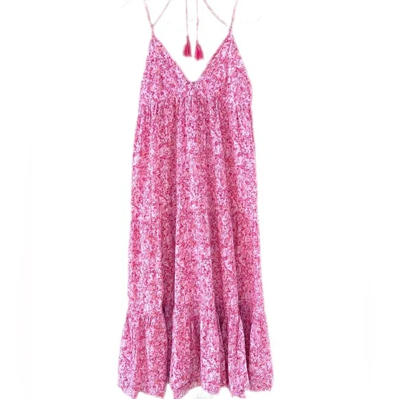 ZARA WOMENS FLORAL SUMMER V NECK BACKLESS DRESS IN PINK SIZE: LARGE 100% COTTON - Picture 4 of 13